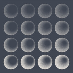 Round shaped dotted objects, stipple elements. Fading gradient. Stippling, dotwork drawing, shading using dots. Pixel disintegration, halftone effect. White noise grainy texture. Vector illustration