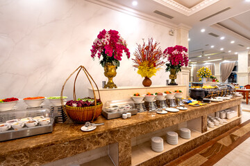 See the interior of the buffet breakfast room at restaurant of the in Thien Thanh 5-star hotel, Kien Giang province, Vietnam 