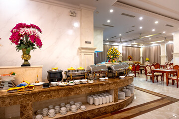 See the interior of the buffet breakfast room at restaurant of the in Thien Thanh 5-star hotel, Kien Giang province, Vietnam 