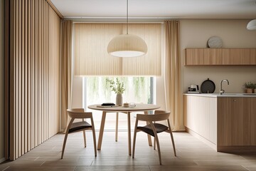 A window with curtains between a round table with two chairs and kitchen cupboards transforms the drawing into a real kitchen environment. Above the table, on the wall, is a vertical poster