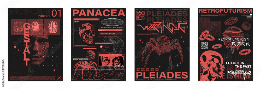 Poster retrofuturistic posters mockups set in old style from 80s - 90s, concept cyberpunk, retrofuturism. p
