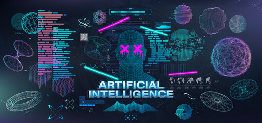 Holographic AI in humanoid head. Futuristic visualization Artificial intelligence, tech shapes, VR - virtual reality with elements HUD. Biometric technology, code. Ai concept. 3D Cyberpunk vector.