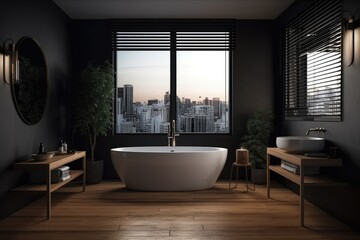 Fototapeta na wymiar Front view of a dark bathroom with a bathtub, a blank wall, a stool with towels, an oak floor, and a window with a city building in the distance. Generative AI