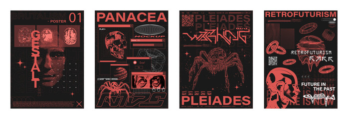 Retrofuturistic posters mockups set in old style from 80s - 90s, concept cyberpunk, retrofuturism. Posters with 3D objects, futuristic lettering. Acid template for t-shirt, merch, streetwear. Vector