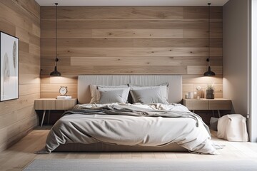 King sized bed, pillows, and white bedcover in a corner of a light colored timber bedroom. A long bedside table is located behind it. Generative AI - obrazy, fototapety, plakaty