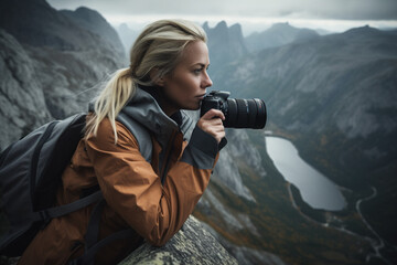 A blond slim sporty woman wearing trekking clothes climbing in the mountain, AI generative image