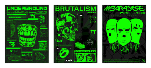 Stylish posters, typography print, t-shirt combining street culture, brutalism, y2k. Retrofuturistic Acid posters with cyber surrealism, underground street concept. Print templates brutalism. Vector - obrazy, fototapety, plakaty