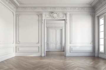 Fototapeta premium White, isolated, ornately designed home frame wall clipping path template. Generative AI