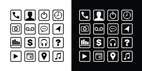 set of black and white icons. call , contact , power , off , on , time , alarm , camera , massage , money , music , help , play , wallet , map , songs 2d isolate minimalist symbols.