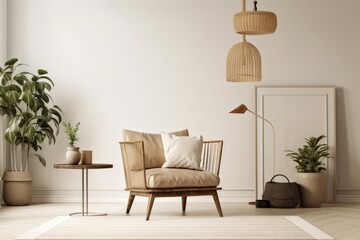 Living room interior wall mockup with a coffee table, brass floor lamp, green plants in pots, and a tan brown leather armchair against a background of a blank white wall. Generative AI