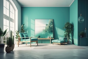a contemporary living room with a giant poster on a bright blue wall and a variety of furniture. Toned picture. a mockup. Generative AI