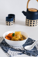 kolak is indonesian dessert made from banana, cassava, sweet potato, added coconut milk, palm sugar and pandanus leaves, popular during ramadhan for breakfasting