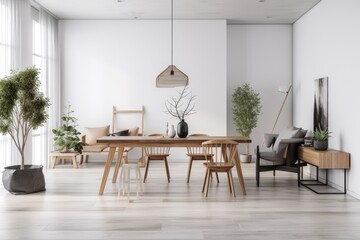 Living room with a dining table, a white wall as the background, and a minimalist design . Generative AI