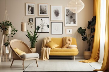 a monochromatic light yellow gallery wall with furniture and plants, a flat color interior space with a poster showcase and five frames on the wall. Generative AI