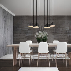 Contemporary Dining Room Design with Wooden Chairs and Grunge Concrete Wall - Interior Styling Idea Generative Ai