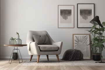 Mockup of a contemporary room featuring a gray armchair. Danish style furniture. Generative AI