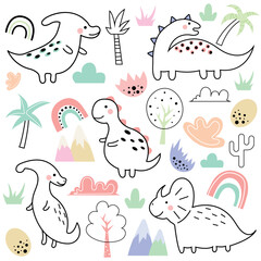 Cute dinosaurs and tropical plants. Funny cartoon dino collection. Hand drawn vector set for kids. Cute vector set with dinosaurs. Cute card with dinosaur vector illustration