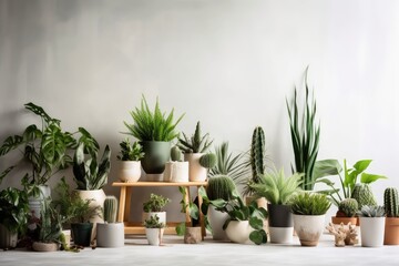 Concept of an urban jungle or indoor garden with a variety of potted plants, succulents, a white wall, and copy space. greening your lifestyle and hobbies at home with indoor plants. Generative AI