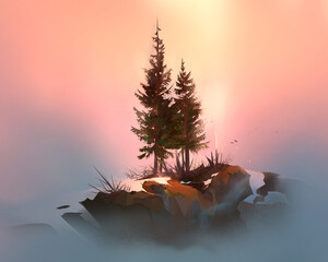 Painted silhouettes of a fir tree illuminated by the sun in winter