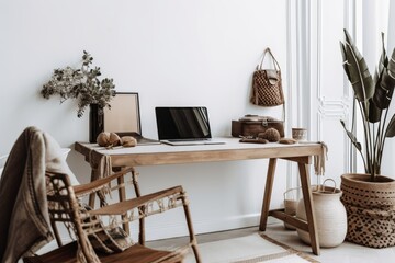 Blank laptop screen on a table with bohemian accents. Interior design template in a minimalistic boho style with mockup copy space. Generative AI