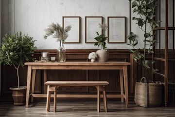 In private spaces, tables are composed of brown maple wood with fake frames and white flower pots. Generative AI