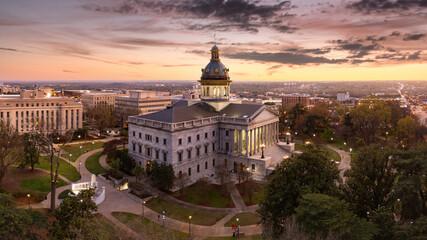 Aerial view of the South Carolina Statehouse at dusk in Columbia, SC. Columbia is the capital of the U.S. state of South Carolina and serves as the county seat of Richland County - 582888148