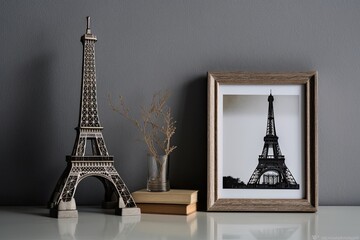 Two empty wooden picture frames and a figurine of the Eiffel Tower are displayed on a glass shelf in the living room against a gray backdrop. Generative AI