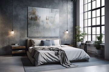 Interior of a gray and concrete bedroom, featuring a gray bed, a gray horizontal poster hanging over it, and a concrete floor. Woman. mock up toned double exposed image. Generative AI