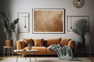 ,, Interior of a mock up poster frame in a living room, Beautiful and cozy modern furniture serves as the décor. Generative AI