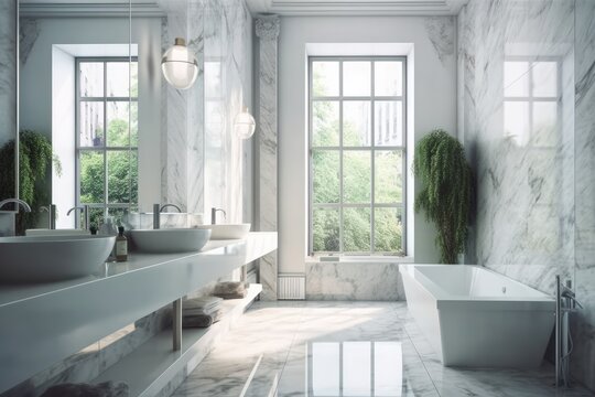 Idea for a white marble bathroom interior. a double sink with a rectangle mirror and a big window. a close up faux double exposure toned image. Generative AI