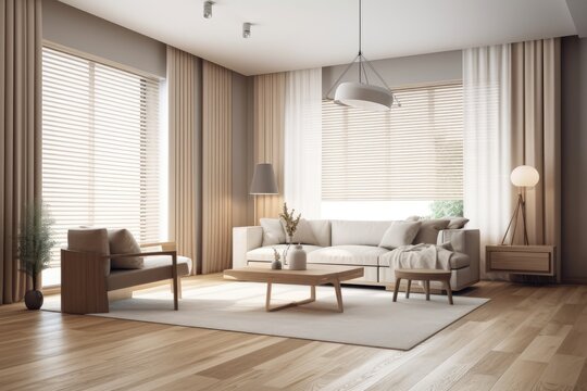 Villa living room design decor with beige furniture on a brilliant wall, wood floor, armchair, and couch with lamp in copy space mockup. Relaxation idea. a window with a view. Generative AI