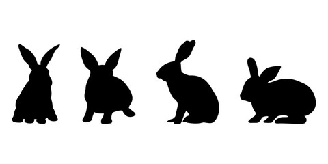 Królik - czarna sylwetka na białym tle. Cztery różne króliki. Siedzący zając. Ilustracja wektorowa do projektów. - obrazy, fototapety, plakaty