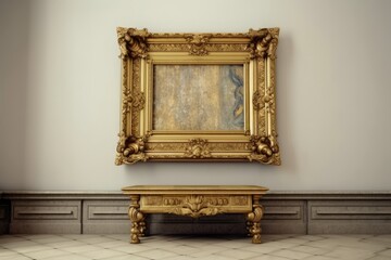 An antique art fair gallery frame on a beige wall in a museum exhibition or an auction house. A blank template with white copyspace for a mockup design. Generative AI - obrazy, fototapety, plakaty