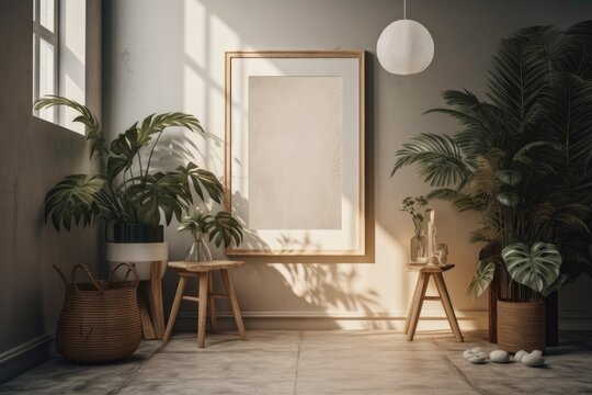 White frame leaning on the ground in a fake room with plants. Model of a framed image for a wall. Generative AI