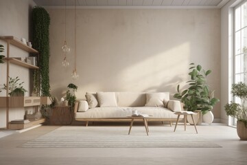 Interior design, wall mockup of a living area with a light sofa, decorative plants, and books. Generative AI
