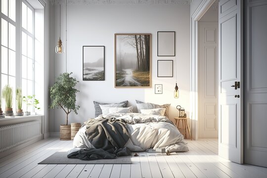 Clean White bedroom with natural light comfortable for sleep. Generative AI