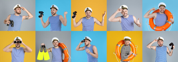 Collage with photos of sailors on different color backgrounds - obrazy, fototapety, plakaty