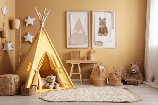 Mock up frame in a kids' playroom with a tent, a chair, a rattan basket, and a carpet in the shape of a star. wooden furniture painted a soft yellow tone,. Generative AI