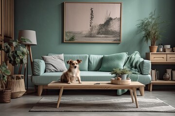 Modern mint sofa, wooden console, coffee table, lamp, plant, mock up poster frame, pillows, plaid, décor, and lovely puppy laying on the floor complete the stylish interior design of the living room