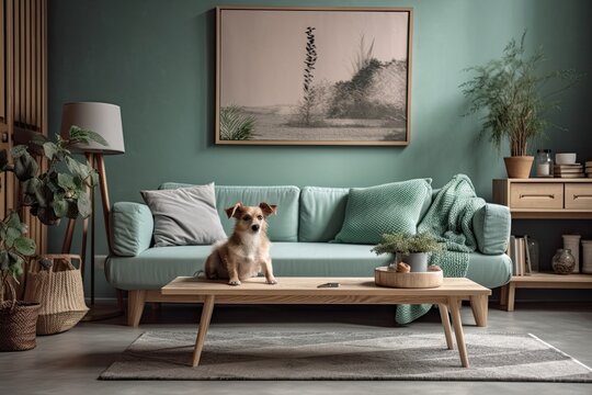 Modern mint sofa, wooden console, coffee table, lamp, plant, mock up poster frame, pillows, plaid, décor, and lovely puppy laying on the floor complete the stylish interior design of the living room