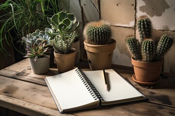 cacti and a notebook with a wooden background as a text frame. Generative AI