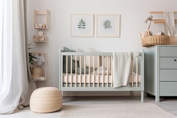 A copy space is located on a blank white wall adjacent to a white wooden crib with pillows and a wooden cabinet with a toy and green pants in grey. Generative AI