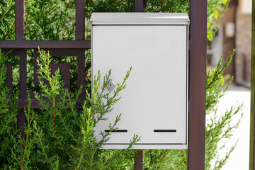 White metal letter box on fence near tree outdoors