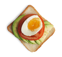 Delicious sandwich with boiled egg, pieces of avocado and tomato slice isolated on white, top view