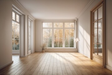 Interior Design of an Empty Room with White Door, Window Opposite, Beige Walls, Large Full Wall Window, and Light Parquet Floor. with a Windows Work Path. 7680x4320 in 8K Ultra HD. Generative AI