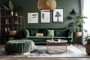 Living room decorated in stylish Scandinavian style with green velvet sofa, gold pouf, wooden furniture, plants, carpet, and faux poster frames. Template. Generative AI