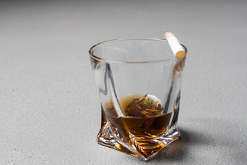 A close-up of a glass of whiskey, liquor, scotch or other alcohol or drink.