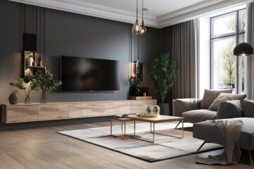 Modern living room with gray wall and TV. Generative AI