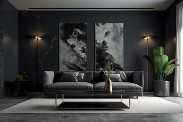 The drawing is transformed into a real, dark living room with a door, two wall sconces, a horizontal poster over a wide sofa, a coffee table with a glass top, and a gray carpet on a marble floor
