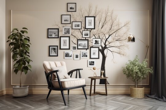 A comfortable room's interior features a family tree photo frame and a chair. Generative AI